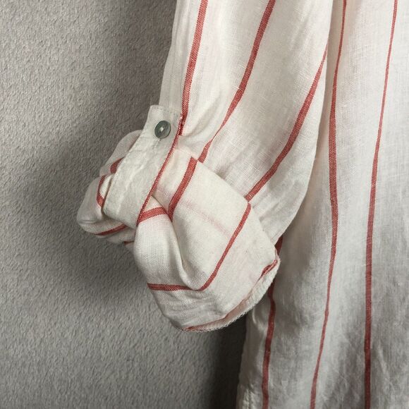 C&C CALIFORNIA 100% Linen Tunic Sz M White Red Stripe 1/2 Button Roll Tab Sleeve - Picture 12 of 13